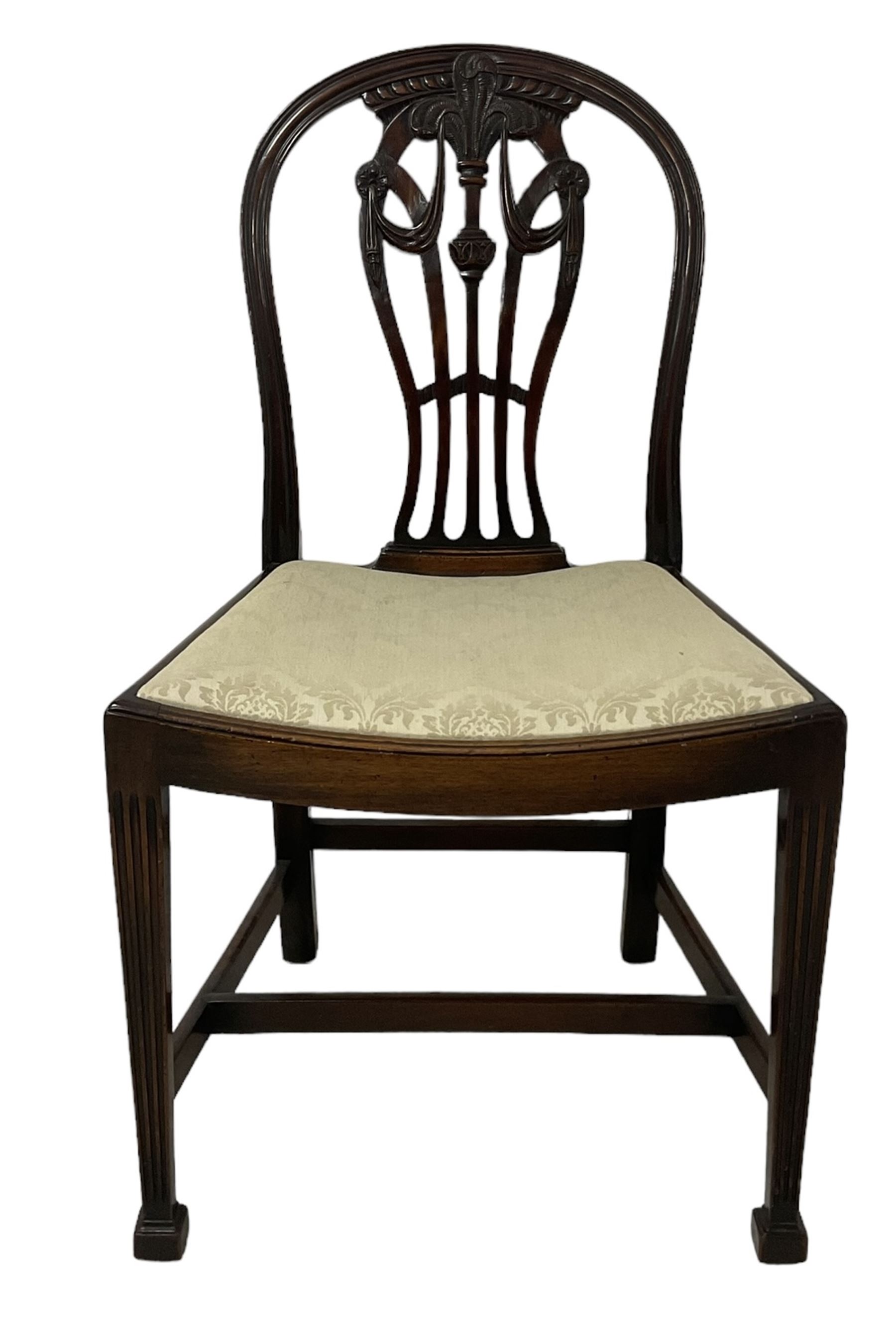 Pair of Georgian design mahogany D-end tables, reeded edge over banded frieze, on square tapering supports; with set of four (3+1) Hepplewhite design mahogany dining chairs, elaborately pierced and carved splat with festoons over dished seat, on fluted supports (W63cm H98cm)