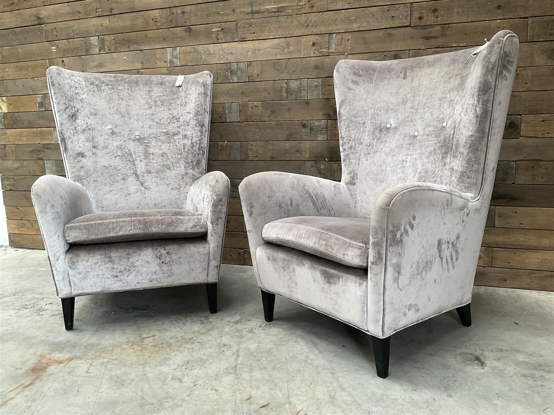 2 x Wing back armchair upholstered in silver crushed velvet fabric