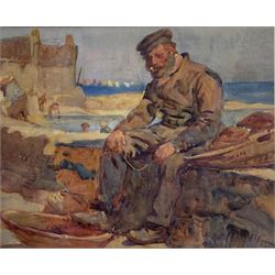 Henry Silkstone Hopwood (Staithes Group 1860-1914): Fisherman sitting on the Harbour Wall, watercolour signed 23cm x 29cm
