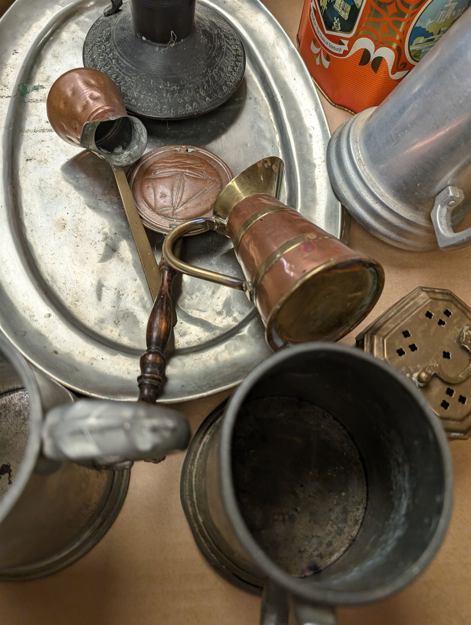 Metal ware including silver jubilee tin, pewter tankards, copper measuring cup, etc 