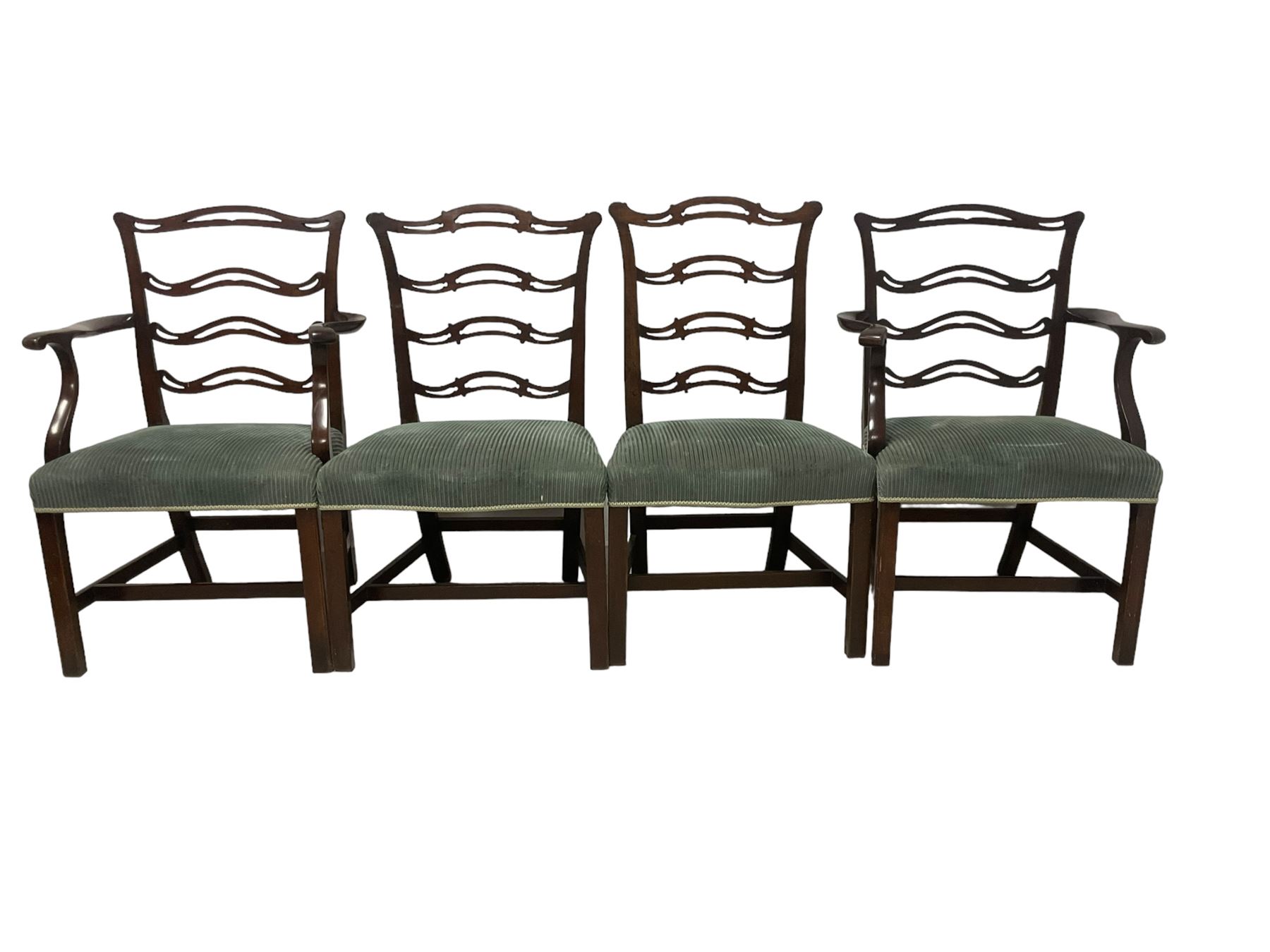 Set of twelve (10+2) Chippendale revival stained beech dining chairs, pierced waived ladder backs with over-stuffed over seats, on square moulded supports joined by stretchers