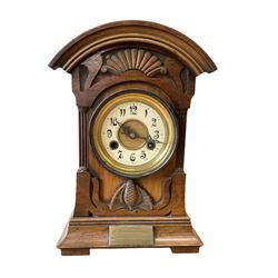 German-Edwardian mahogany cased striking mantle clock, carved case with a two train spring...