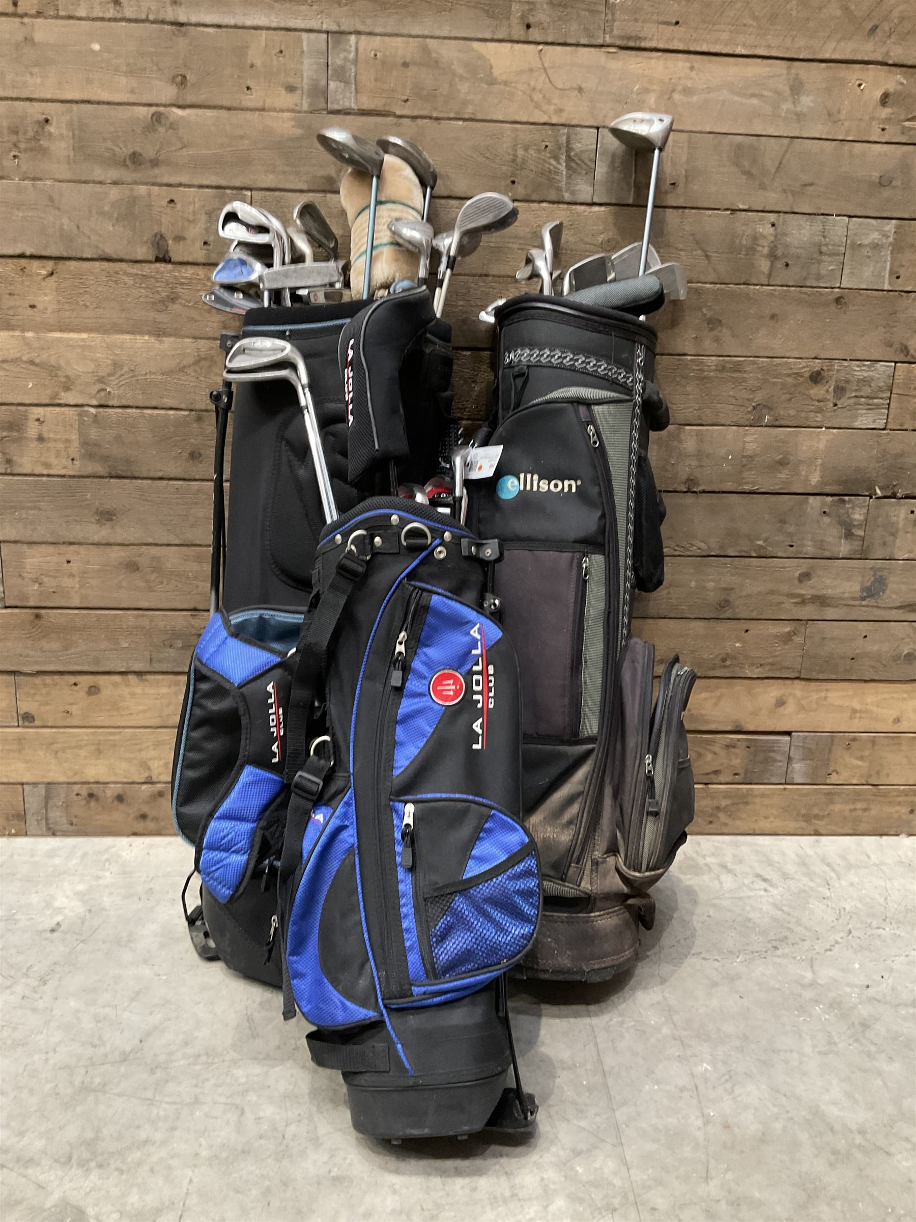 Battlesticks and other golf clubs in three bags