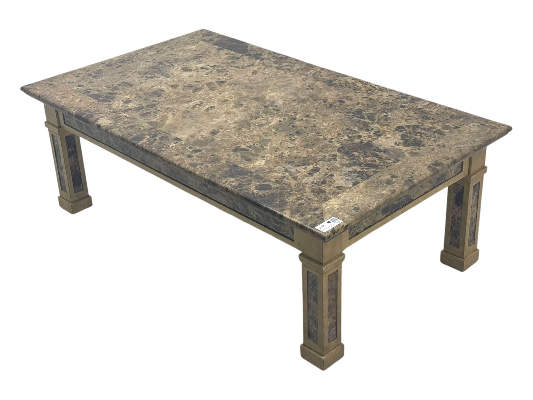 Rectangular coffee table, variegated marble top, on square supports with block feet 