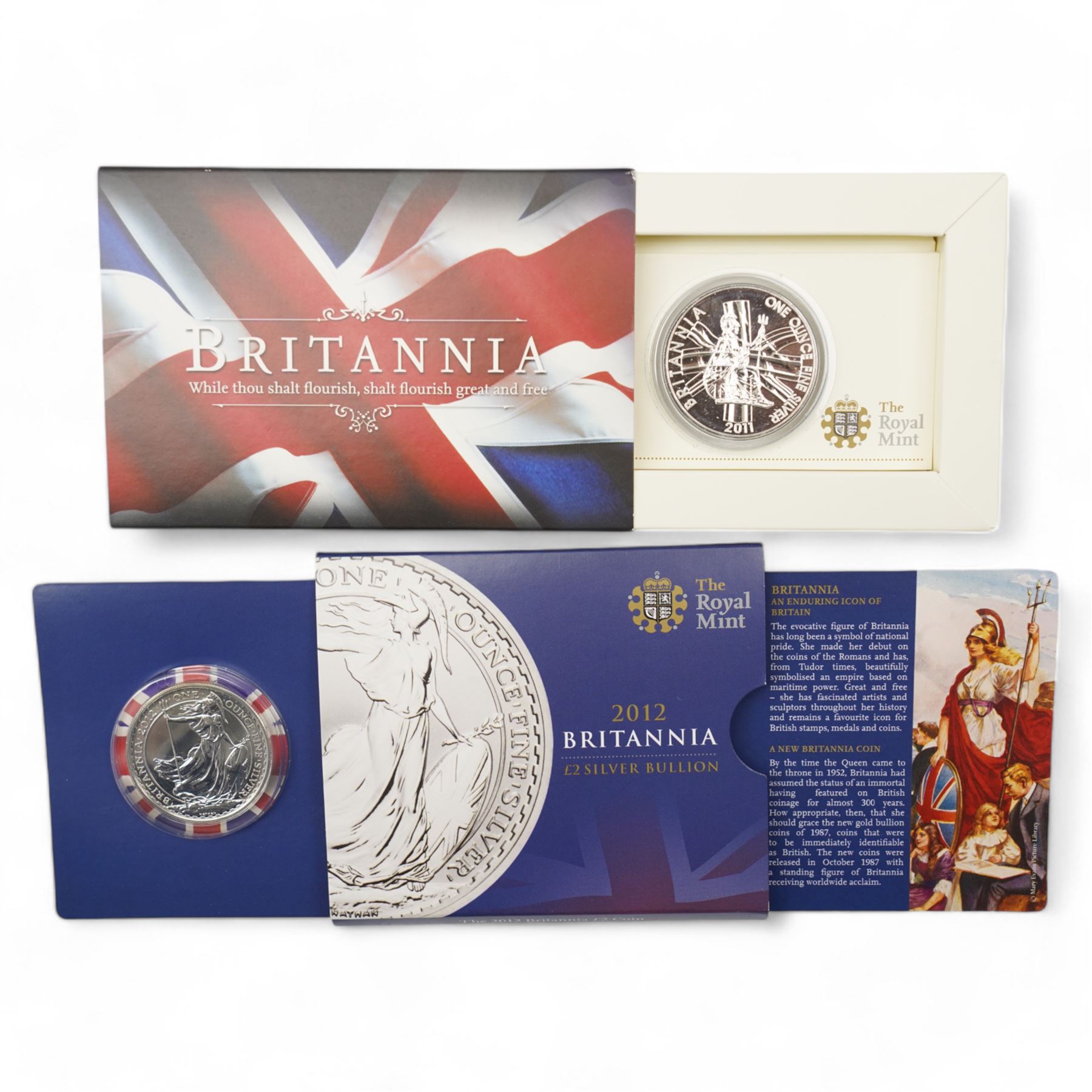 Six silver coins or sets, comprising 1999 'Diana' five pounds, Nightingale Island 2005 'The Life of HM Queen Elizabeth The Queen Mother' five coin set, Tristan Da Cunha 2006 five pounds, Cook Islands 2007 'The Diamond Wedding' coin pair, 2011 one ounce fine silver Britannia and 2012 one ounce fine silver Britannia, all cased or on cards