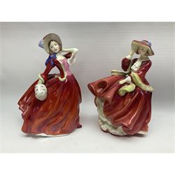 Nine Royal Doulton Figures including; Margarite HN1928, Autumn Breezes HN1034, Hope HN4097, Alison HN2336, Top of the Hill HN1834 and four others (9)