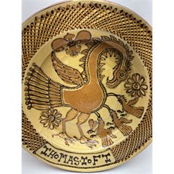 John Hudson: Large slipware charger in the style of Thomas Toft by John Hudson of Mirfield Pottery, decorated with a cockerel, incised marks verso, D 41cm.