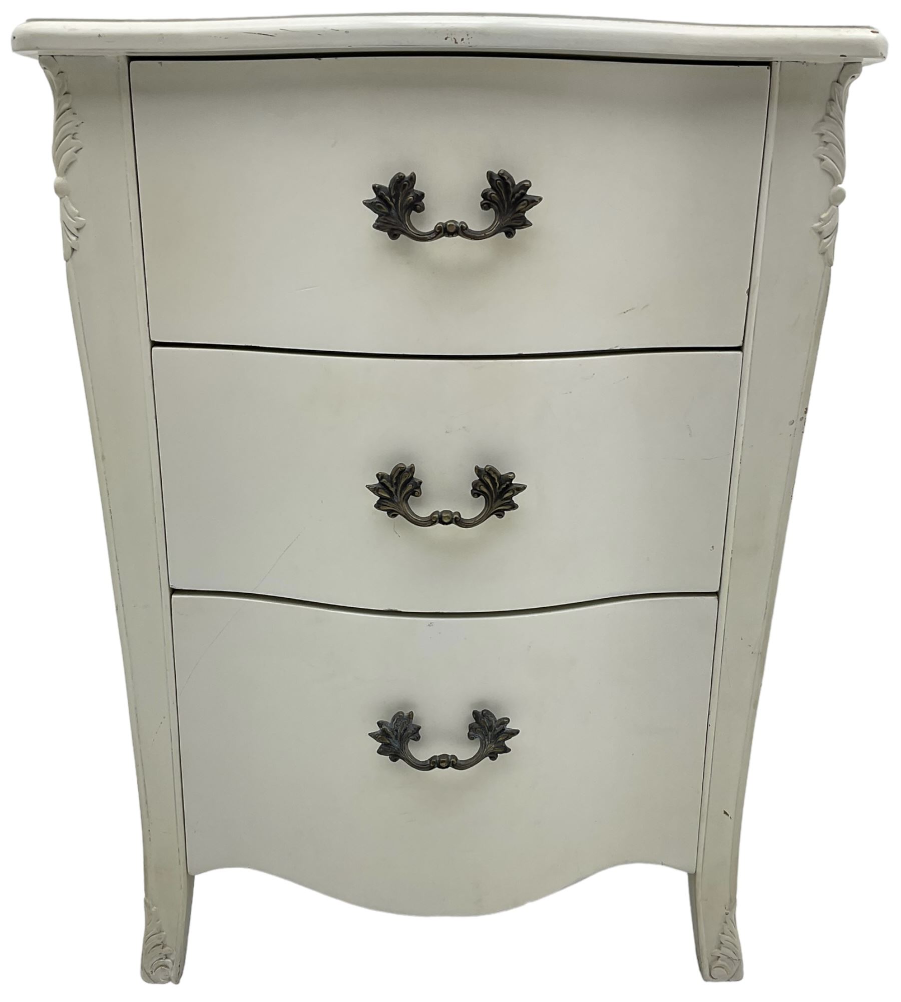 French design cream painted bedside chest, fitted with three drawers, with foliage decoration 