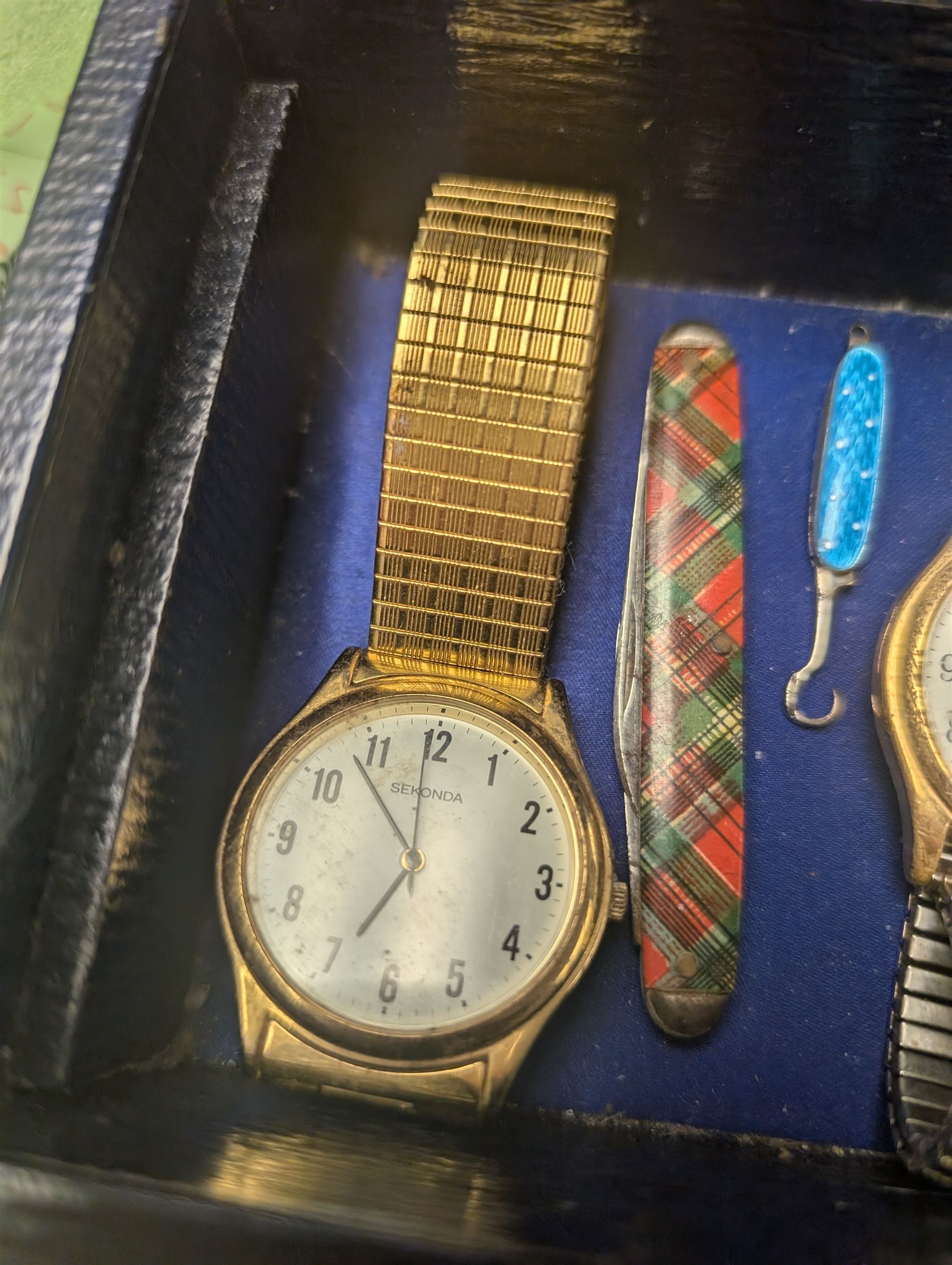 Two gentleman's wristwatches, miniature enamel button hook, etc in tooled leather box