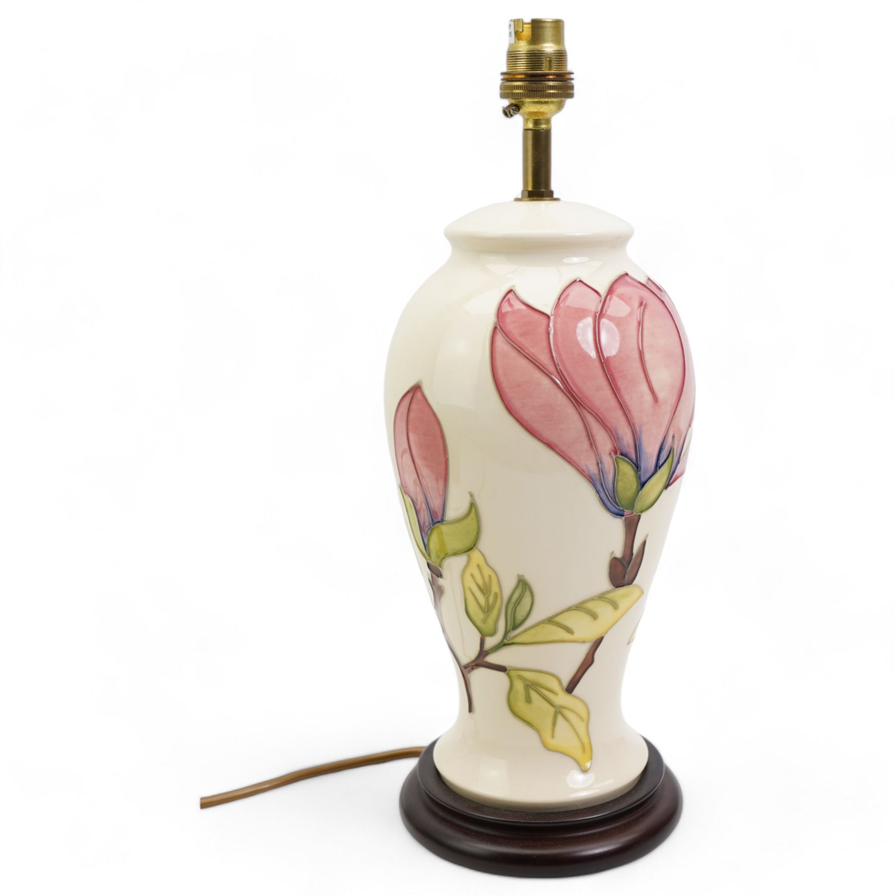 Moorcroft baluster form table lamp decorated in the Magnolia pattern, on cream ground, H31cm excluding fitting