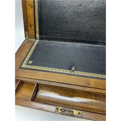 Victorian mahogany brass bound writing slope, together with a carved oak book slide, oak silver plated desk stand and a canteen box with engraved brass shield cartouche, writing slope W45cm