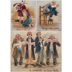 Martin Anderson (Cynicus) (British 1854-1932): 'The Bachelors Button' 'A quartette in four flats' and 'Mars & Venus' Caricatures, set three watercolours one signed max 20cm x 15cm (3)