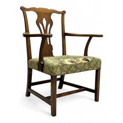 Georgian elm open armchair, shaped and eared cresting rail over Chippendale design pierced...