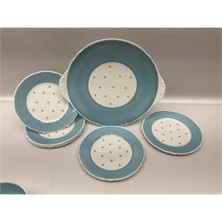 Shelly Pole Star pattern tea service for five comprising teapot, milk jug, open sucrier, cups and saucers, dessert plates and one cake plate 