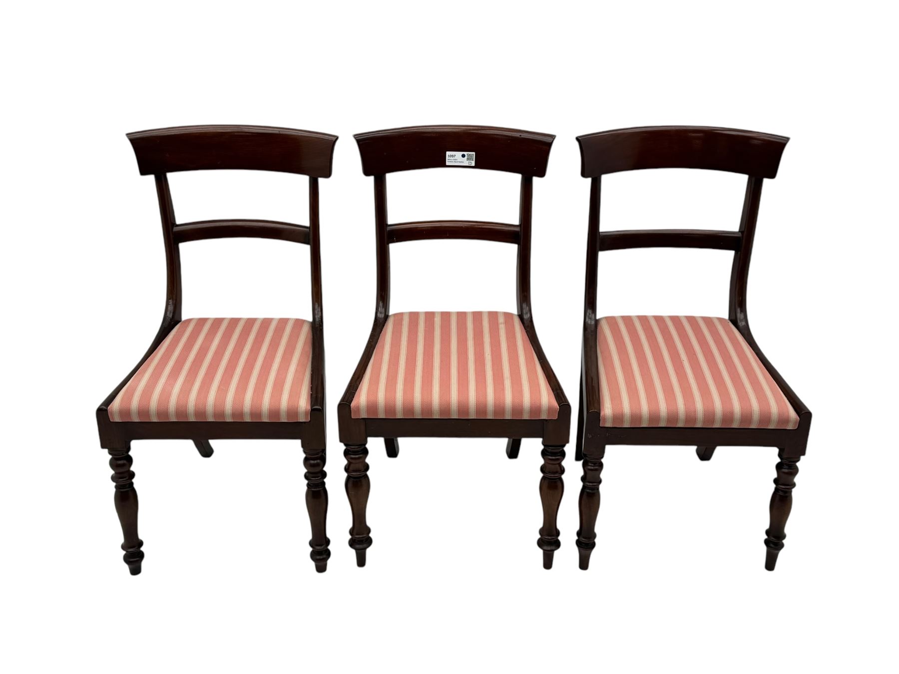 Set of six Victorian mahogany dining chairs, curved bar back over drop-in seat upholstered in striped fabric, on turned front supports