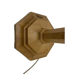 Mouseman - oak standard lamp, octagonal tapered stem on stepped and moulded octagonal base, carved with mouse signature, by the workshop of Robert Thompson, Kilburm 