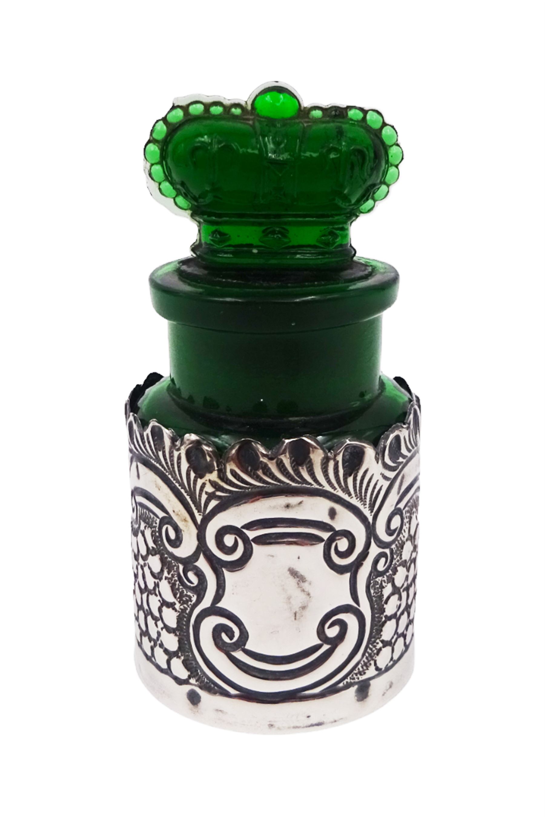 Edwardian silver mounted green glass scent bottle, with embossed silver sleeve and crown finial to stopper, the glass body marked 'The Crown Perfumery Company London', silver sleeve hallmarked Arthur Willmore Pennington, Birmingham 1903