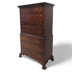 George III mahogany chest-on-chest, projecting moulded cornice with Greek key band, fitted...