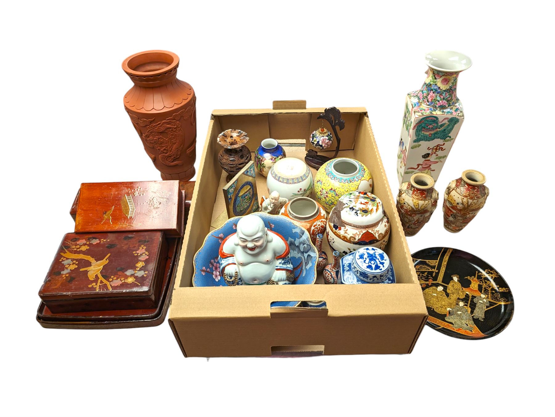 Collection of Oriental ceramics and collectables, including Buddha figure, cloisonne bowl, lacquered boxes, vases etc 