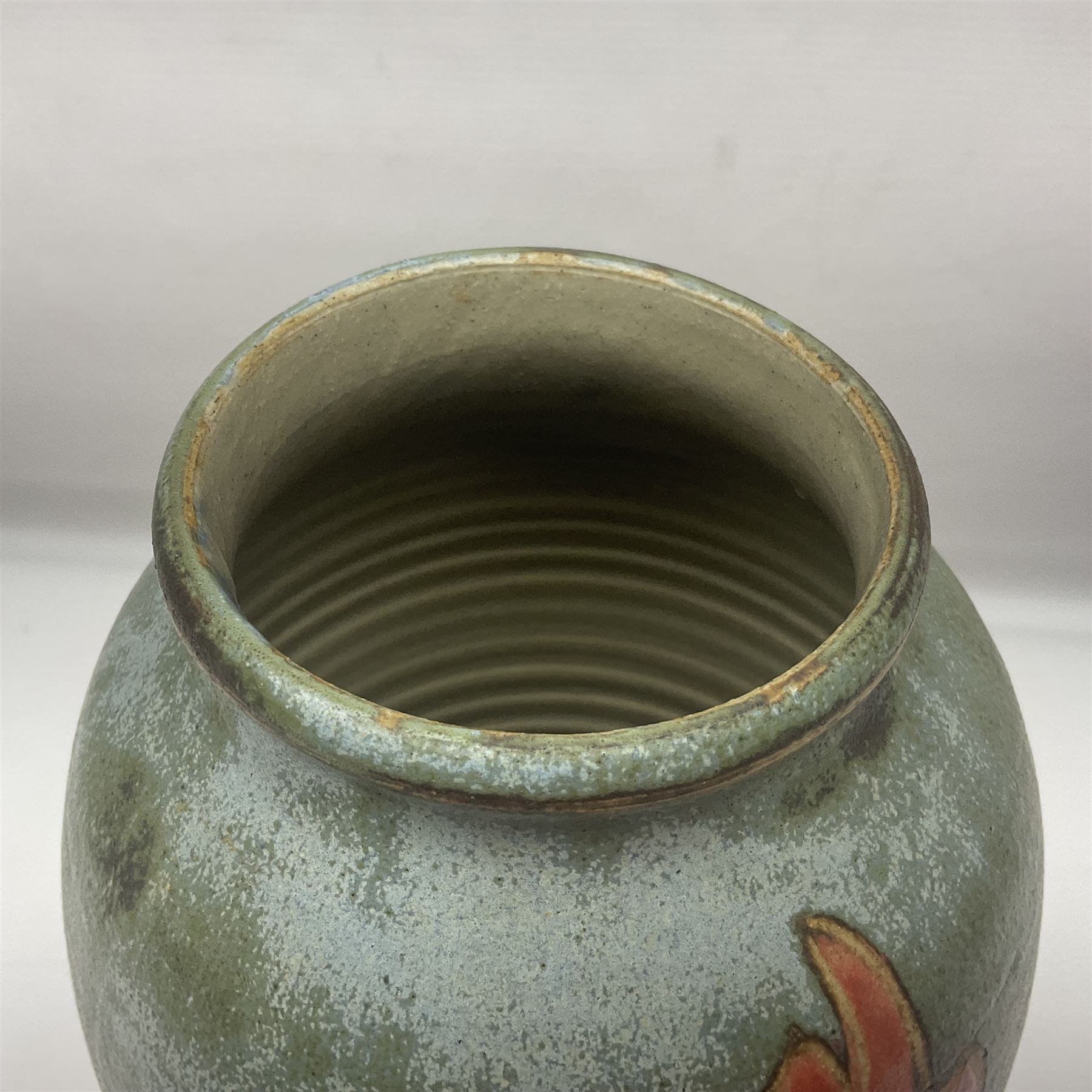 John Egerton (c1945-): studio pottery stoneware vase, decorated with chickens on a blue ground, H37cm