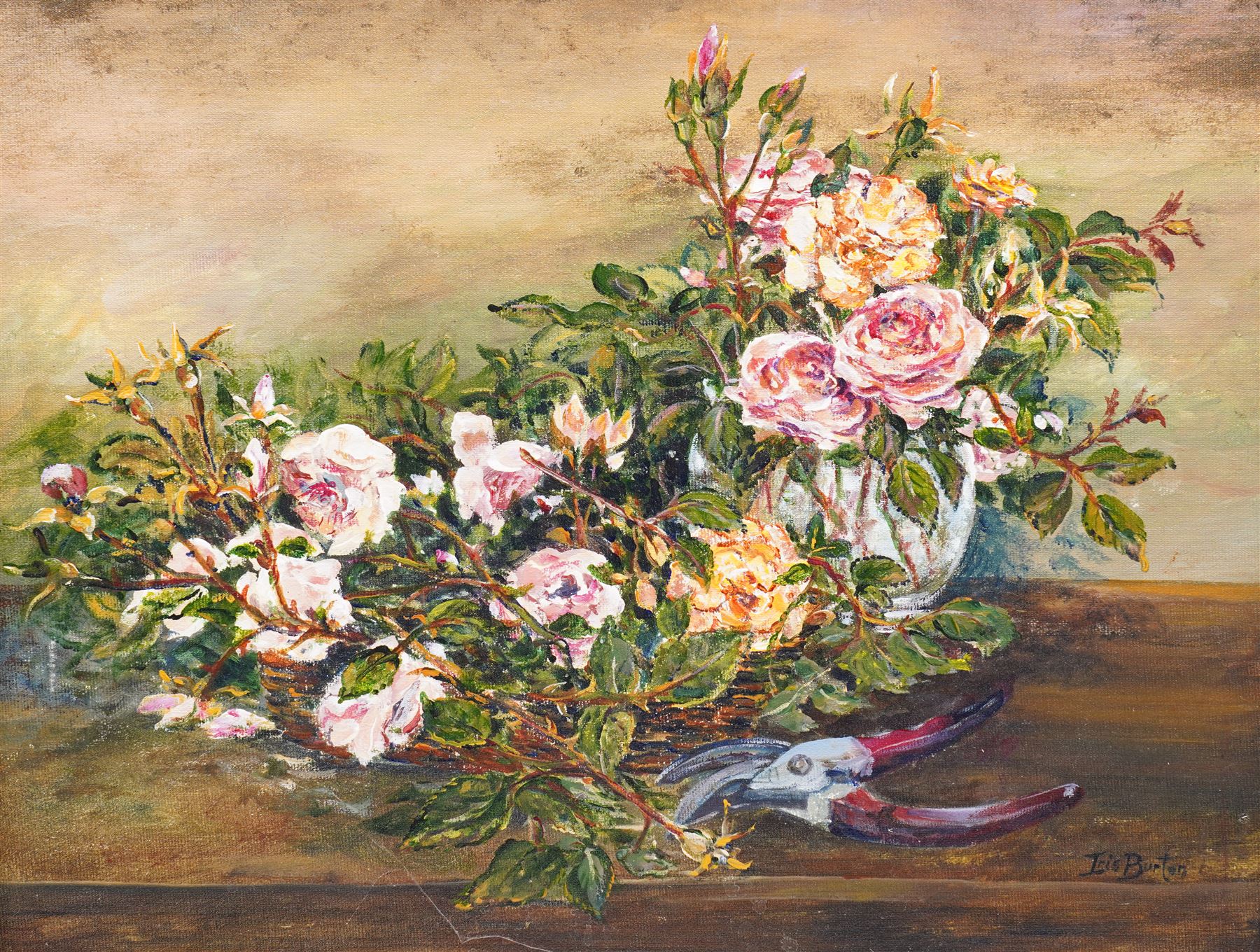 Iris Burton (British 20th Century): 'Arranging the Roses', acrylic on board signed, titled on label verso 34cm x 44cm 