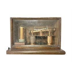 Early 20th century Automatic Temperature Control System, the polished copper body supporting a tube of liquid mercury, patent no 5311 dated 1912, attributed to John Grundy, within wooden box with glazed front panel, box H18.5cm