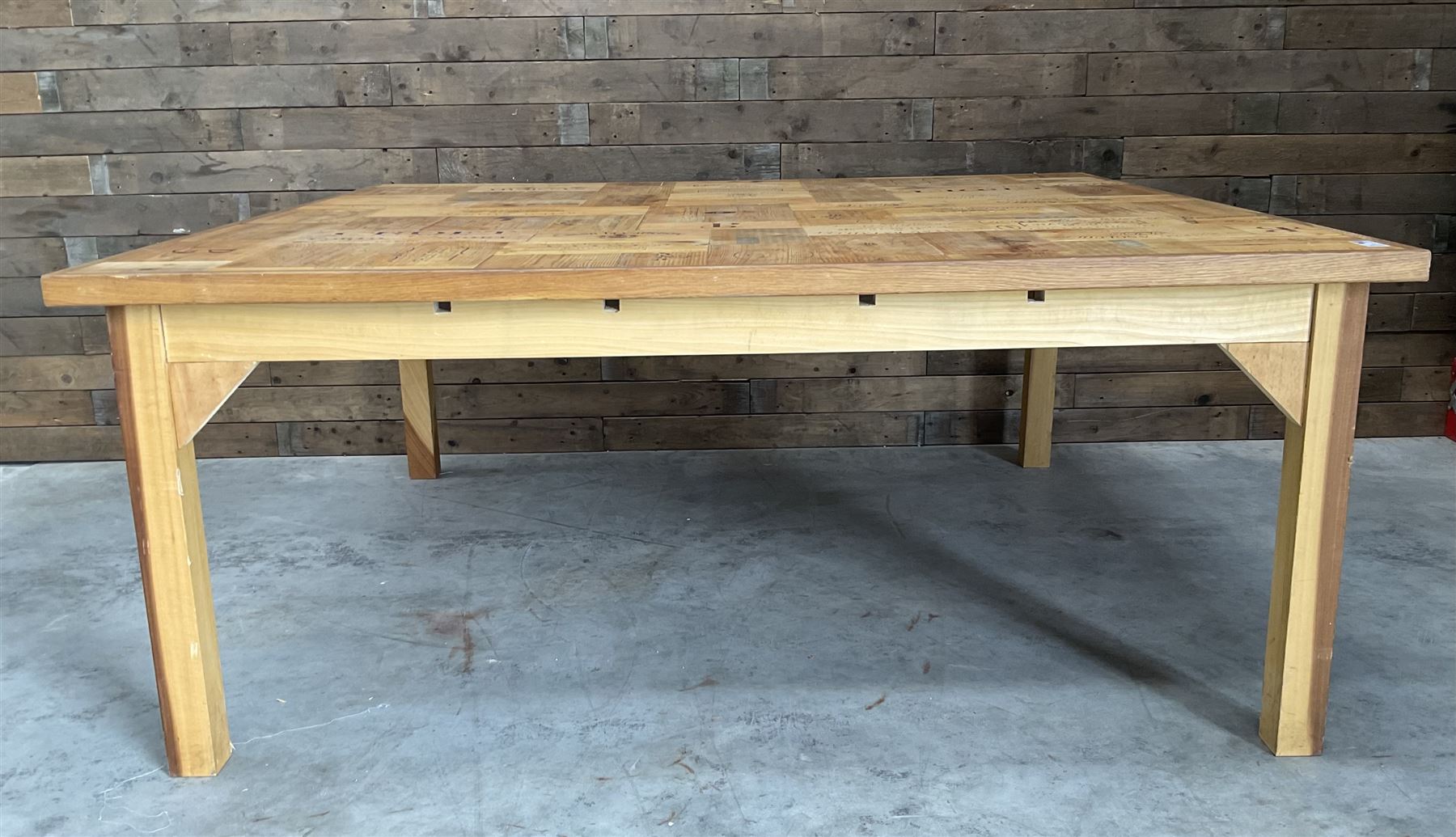 Square centre dining centre table, parquetry wine crate top with oak edging, on beech legs