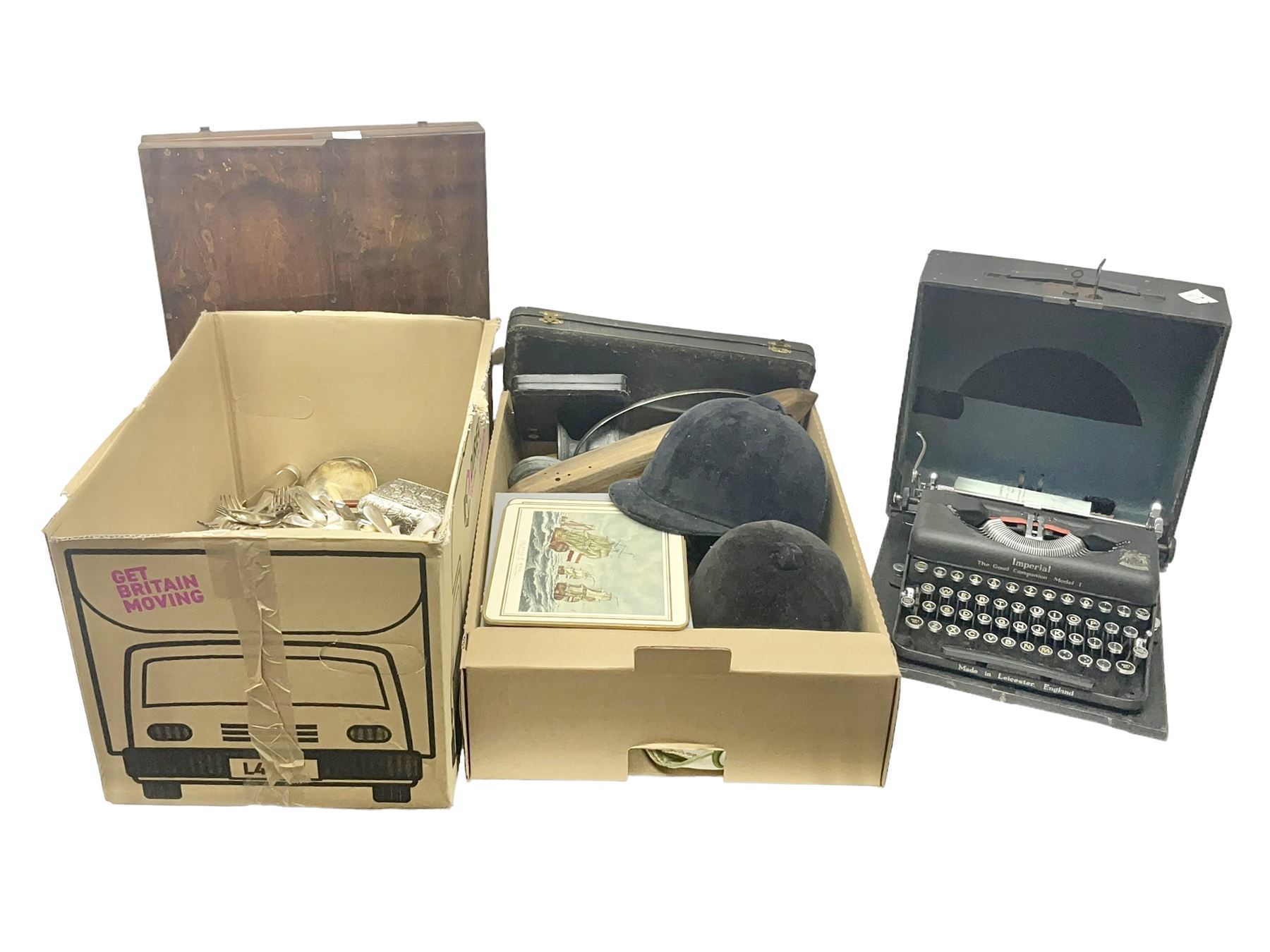 Imperial Model T typewriter in case, two riding helmets, collection of silver plate and a folding wall mirror in wooden frame, etc