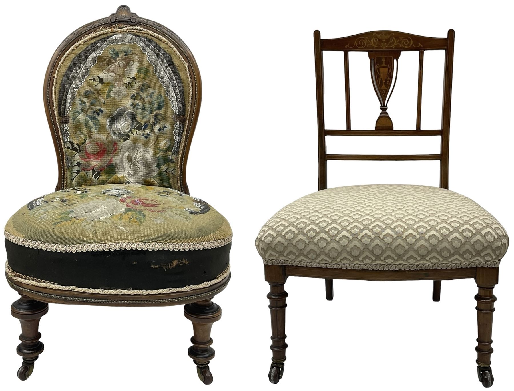 Early 20th century mahogany side chair, detailed marquetry frame, backrest with central urn motif and scrollwork inlay, arched crest rail with floral designs, cream and gold patterned fabric seat, turned front legs with brass castors (H78cm); Victorian walnut nursing chair, carved crest rail, floral needlepoint tapestry upholstery, turned front legs with ceramic castors (H81cm)