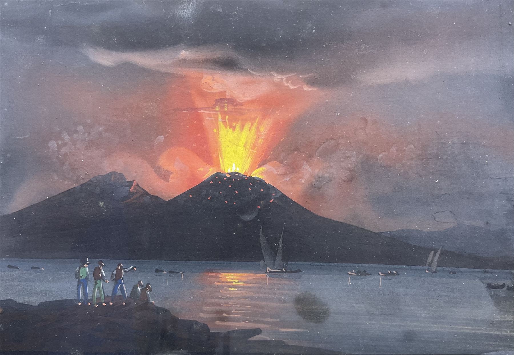 Neapolitan School (Mid 19th century): 'Vesuvius Erupting 9th Febuary 1850' seen from the Riviera di Chiaia Beach Tower over the Bay of Naples, set of three gouaches night and day with American Paddle steamer in the foreground, unsigned titled and dated 16cm x 23cm (3)