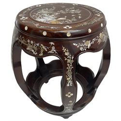 Chinese hardwood stand, inlaid with mother of pearl depicting birds, trees and flowers