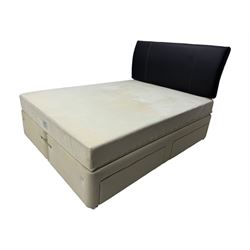 Contemporary king size 5' Tempur divan bed, black leather upholstered headboard, beige fabric divan base with four drawers; Tempur 'Combi HD' mattress with removable cover (200 x 150 x 20cm)