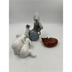 Lladro figure Little Friskies no 5032, with original box, together with Beswick fox no 1017 and Coalport elephants