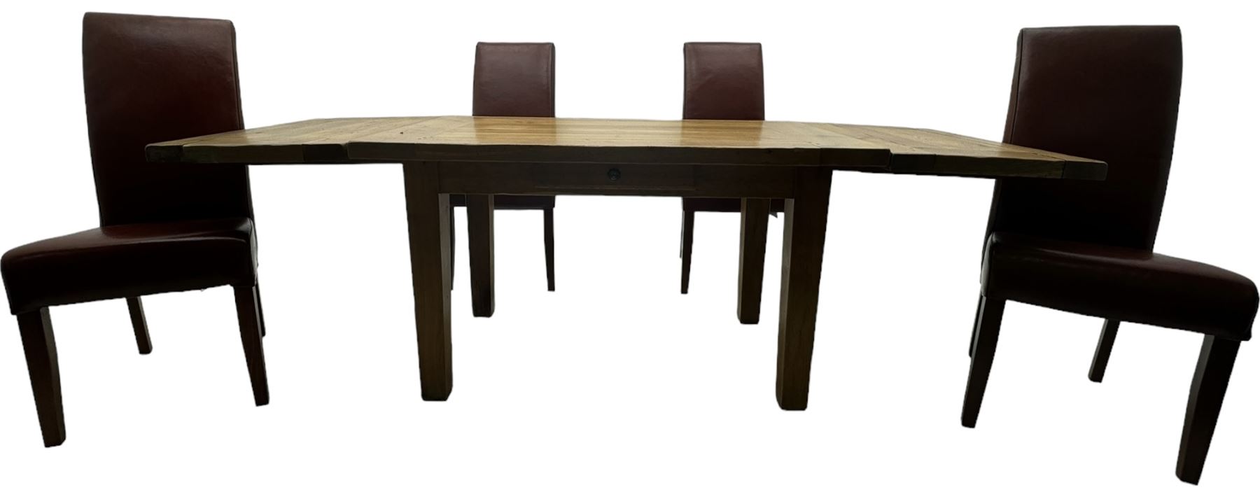 Oak dining table, rectangular plank with two extension leaves at each end, central drawer with brass handle, supported by square legs (L131cm - 233cm, D80cm, H76cm); four high-back dining chairs, the chairs upholstered in dark brown leatherette with stitched detailing, on square tapering legs (H108cm)