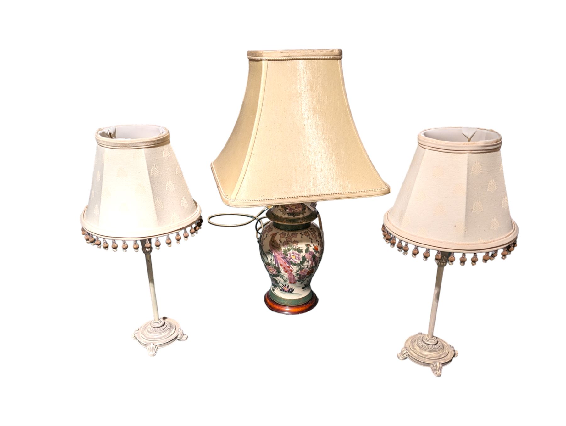 Pair of table lamps with cream beaded shades and a Rochamp Kutani table lamp