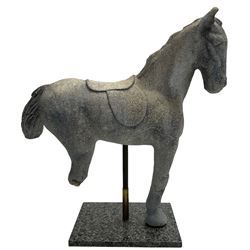 Cast stone figure of a horse, raised upon rectangular granite plinth