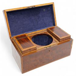 Early 19th century mahogany tea caddy crossbanded in satinwood, the interior with two covered containers and bowl recess W31cm