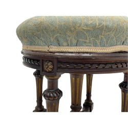 Holland & Sons (London: 1843-1942) - mid-to-late 19th century French design stool, circular form with upholstered cushioned seat in foliate pattern fabric, on lobe carved turned and fluted supports united by shaped X-framed lower stretchers 