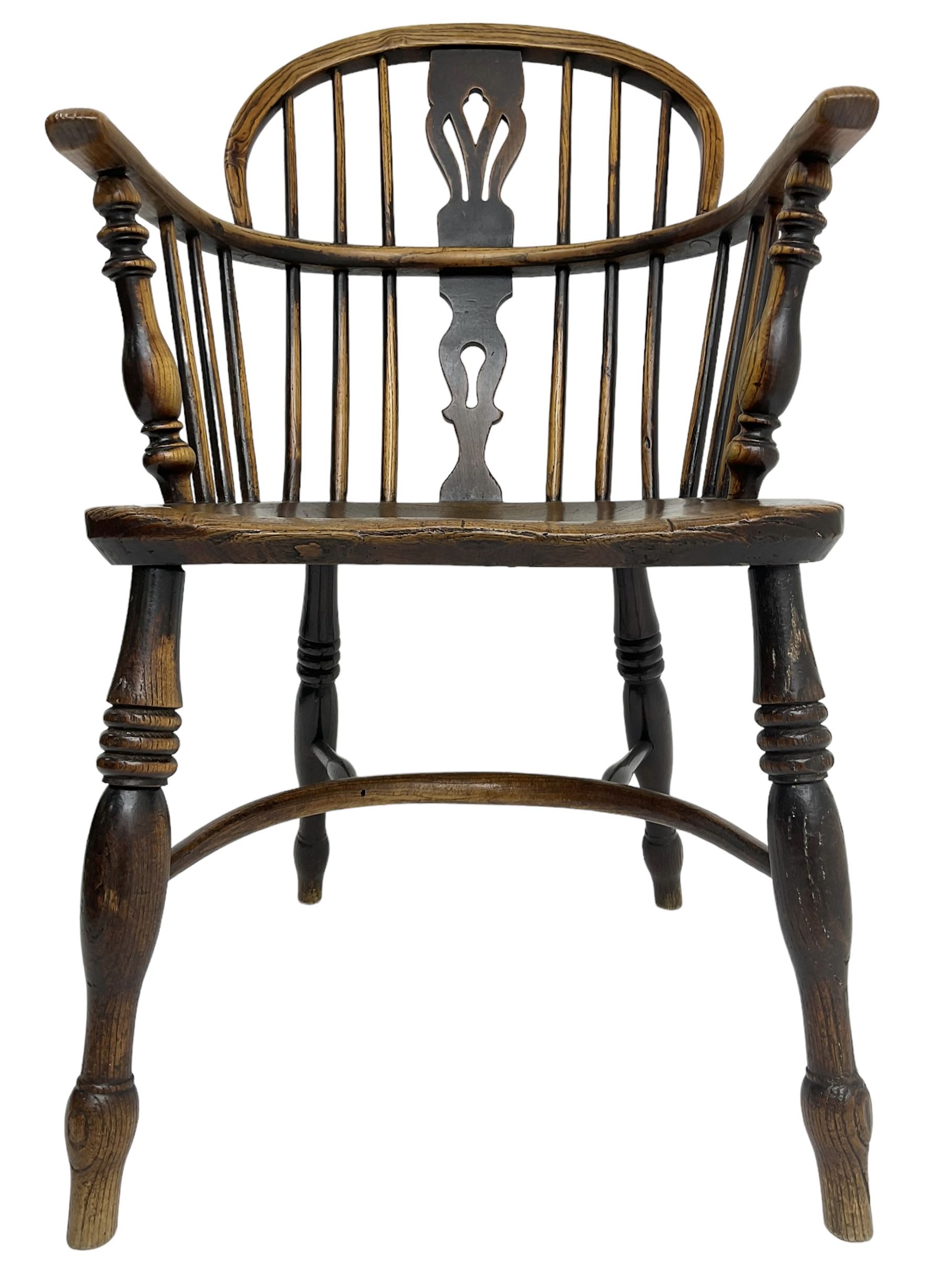 19th century elm and ash Windsor armchair, low double hoop and stick back with shaped and pierced splat, on turned supports united by crinoline stretcher