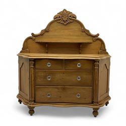 Victorian pine sideboard, acanthus carved pediment above a central shelf, serpentine front...