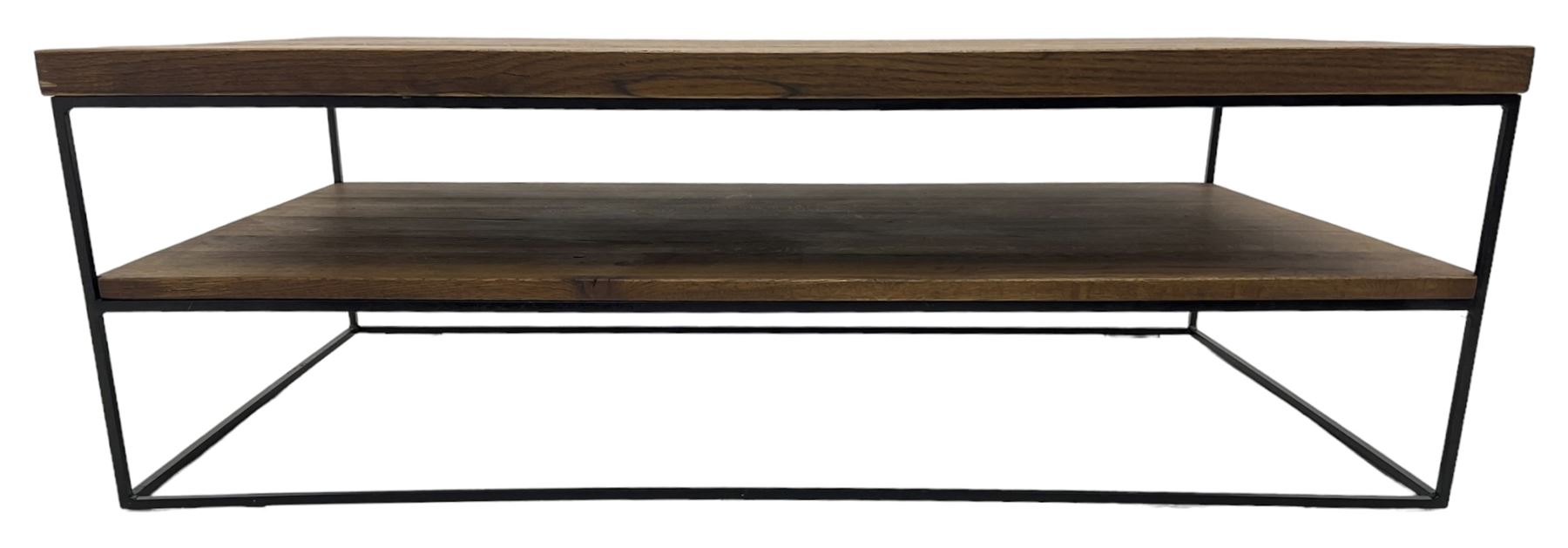 Samba oak coffee table, rectangular top over undertier storage, applied mid-tone finish, supported by black metal frame