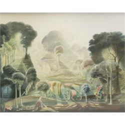 Harold Hitchcock (British 1914-2009): Ethereal Woodland Landscape with Figure, watercolour signed with monogram and dated 1967, 50cm x 62cm