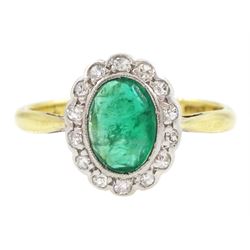 Gold oval cut emerald and single cut diamond cluster ring, stamped 18ct Plat