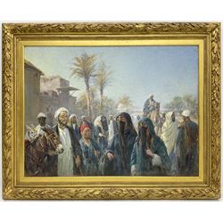Heywood Hardy (British 1842-1933): Figures in a North African Town, oil on canvas signed, partial remains of title label verso 77cm x 103cm