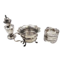 Group of silver, including mustard pot, pepper shaker and napkin ring, all hallmarked 