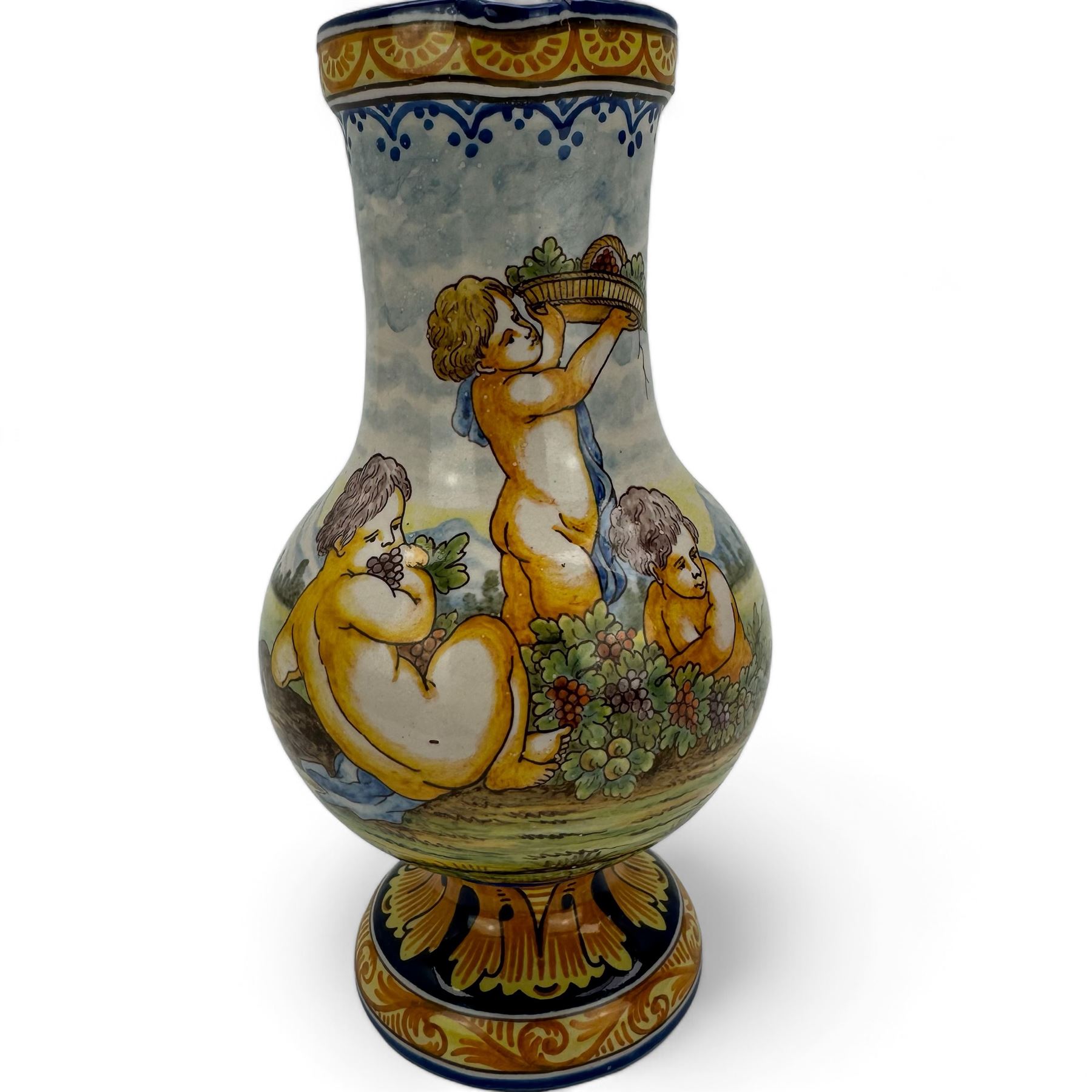 Montagnon Nevers Faience Majolica ewer, decorated with putto in a classical landscape, H23cm