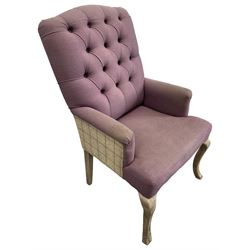 Voyage - four high back armchairs upholstered in buttoned lilac and tweed fabric, painted cabriole legs