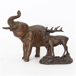 Two bronzed animal figures, the first modelled as an Indian elephant, H16cm, the second as a stag, H11cm