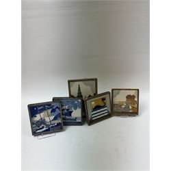 Five Dutch Westraven tiles, to include four square examples depicting maritime and similar scenes, and a rectangular example depicting a village scene, square tiles 10cm x 10cm, rectangular tile 15cm x 10cm