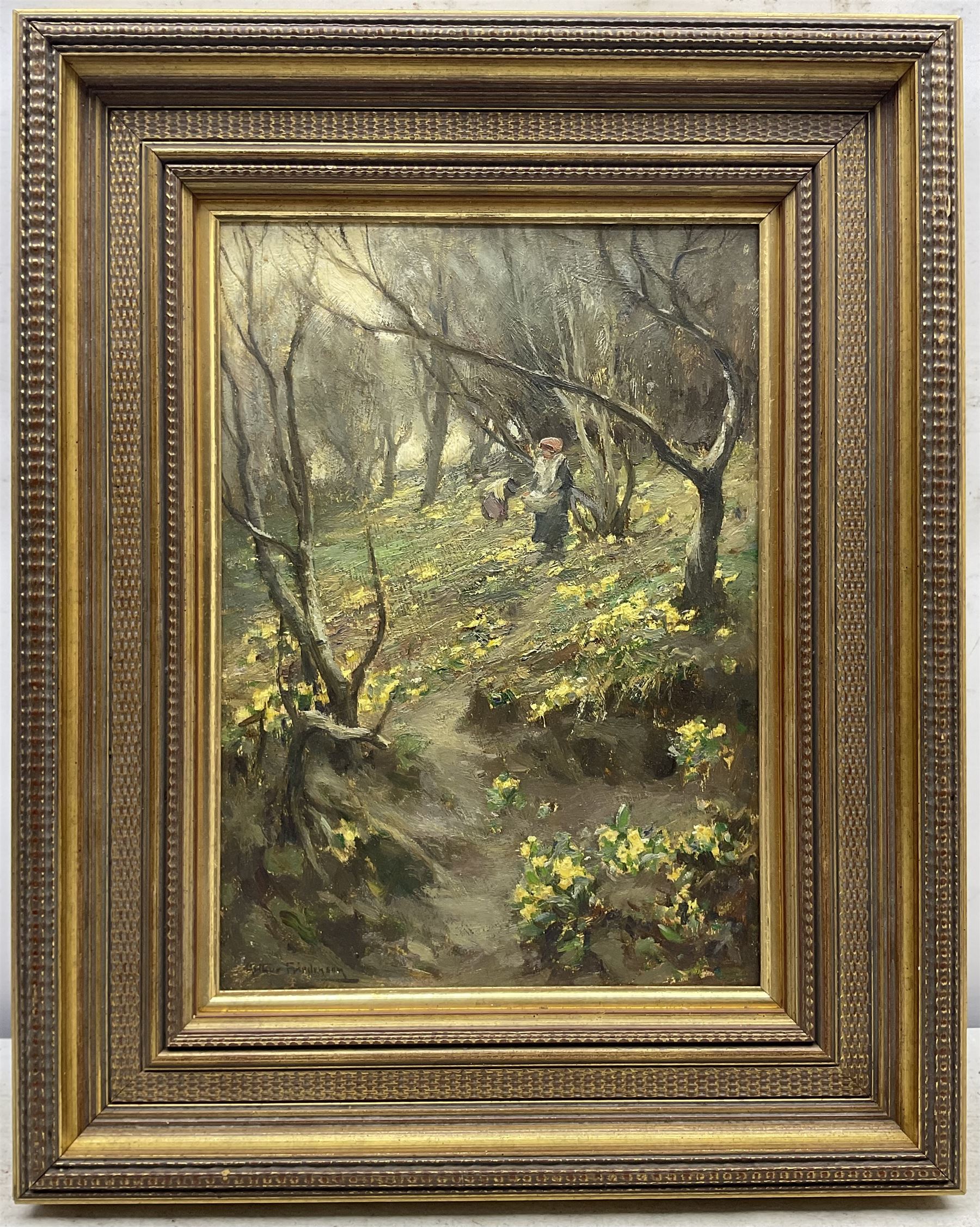 Arthur A Friedenson (Staithes Group 1872-1955): The Primrose Gatherers, oil on panel signed 25cm x 35cm